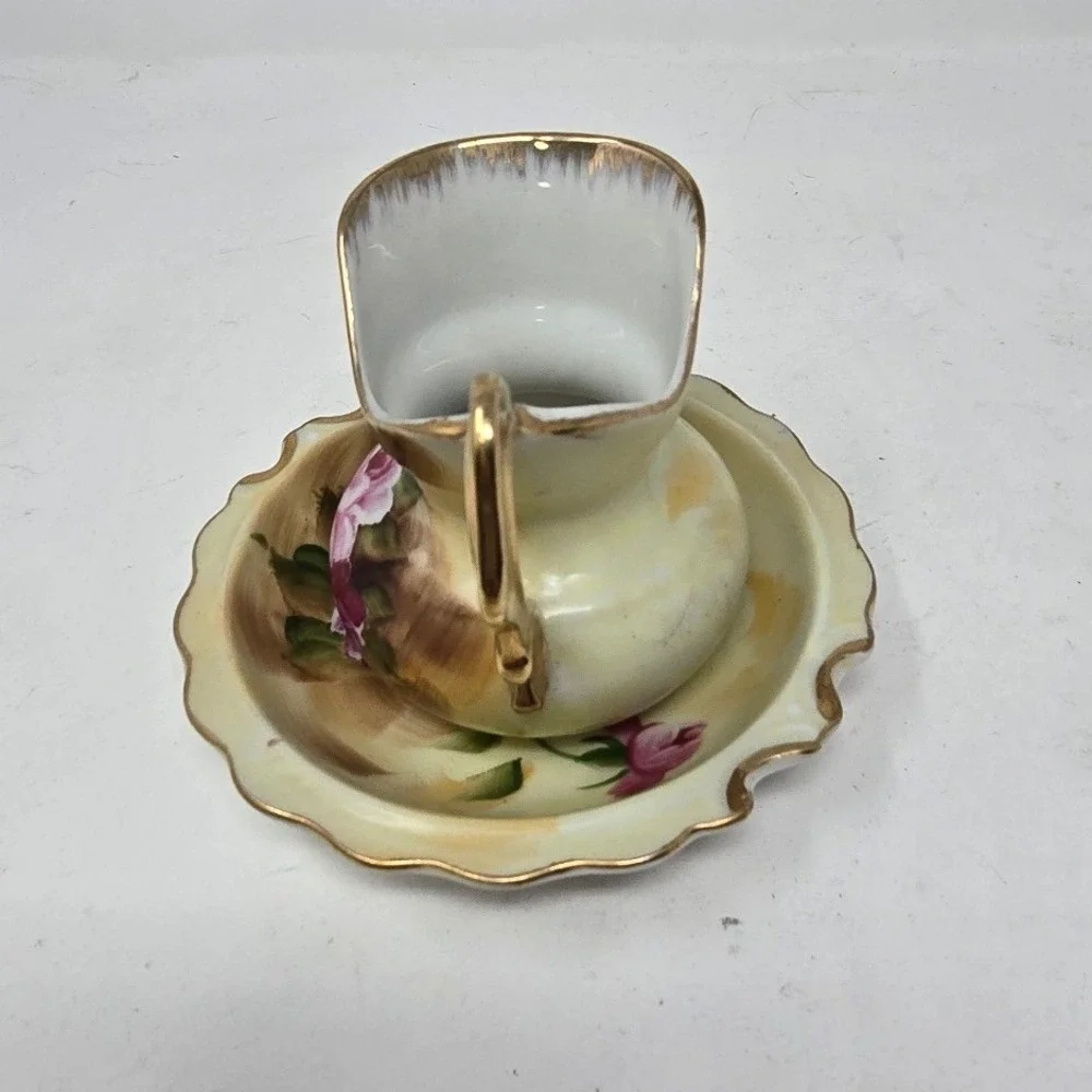 Vtg Enesco porcelain mini wash bowl & pitcher pink roses Japan hand painted